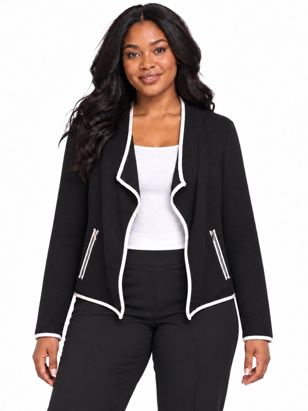 Premise Black Ribbed Open-Front Blazer White Trim Zip Pockets Size L
